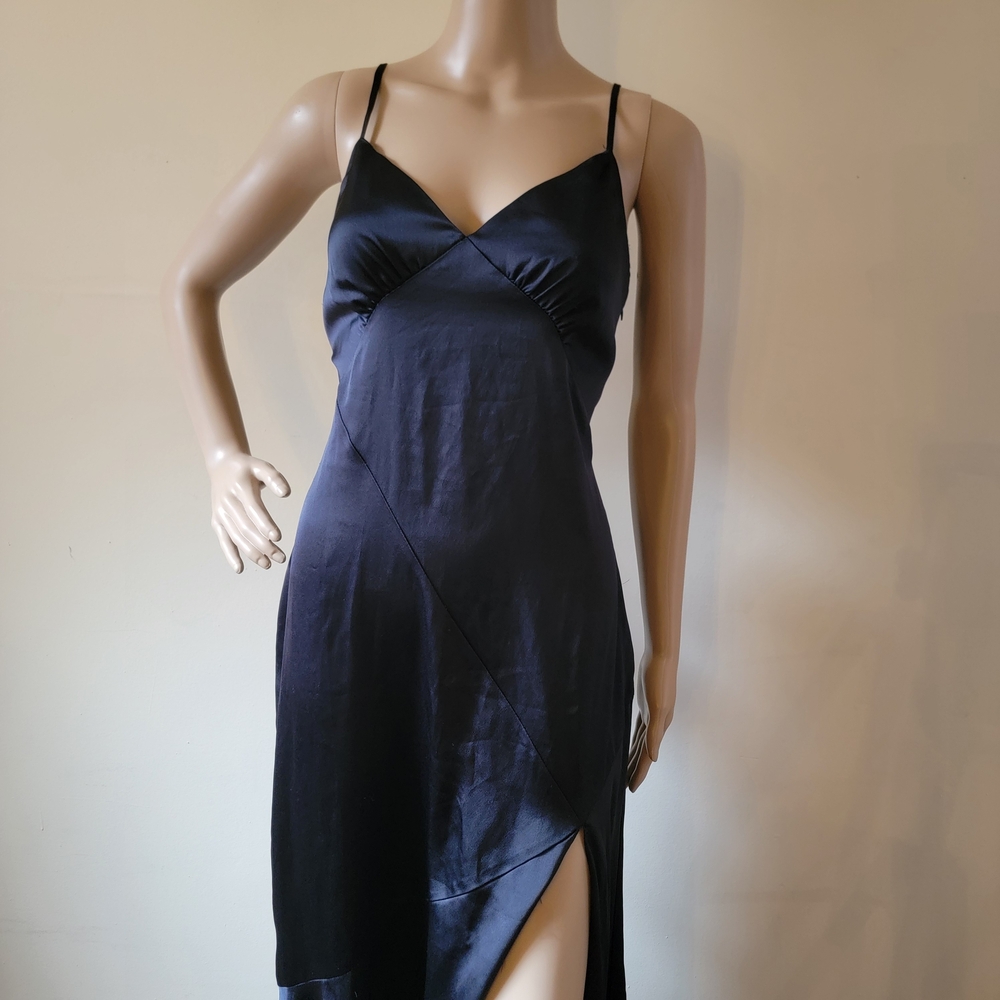 Dress Forum Navy Satin Slip Dress Open Back Bow Midi Bias Cut Wedding Guest M